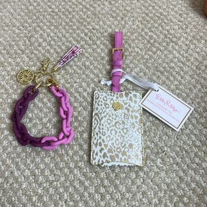 Brand New Lilly Pulitzer White and Gold Luggage Tag with Pink Chain